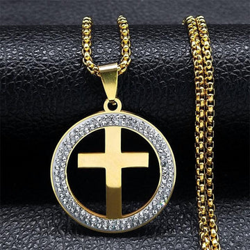 Cross AAA CZ Crystals Stainless Steel Round Pendant Necklace - Gold Colour Christian Chain Necklaces Jewellery - The Jewellery Supermarket